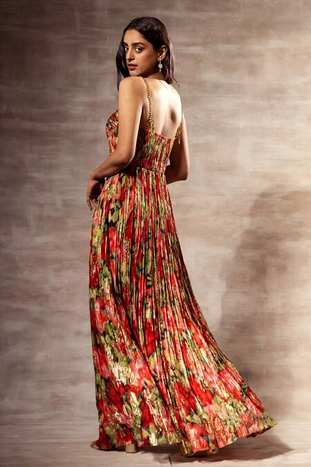 Buy Ruhr India Red Chiffon, Silk Chinon Digital , Foil Hand Micro-pleated Maxi Dress Online at Aza Fashions Buy_Ruhr India_Red Chiffon, Silk Chinon Digital , Foil Hand Micro-pleated Maxi Dress _Online_at_Aza_Fashions
