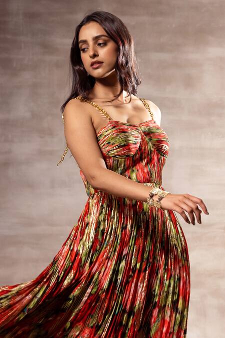Shop Ruhr India Red Chiffon, Silk Chinon Digital , Foil Hand Micro-pleated Maxi Dress Online at Aza Fashions Shop_Ruhr India_Red Chiffon, Silk Chinon Digital , Foil Hand Micro-pleated Maxi Dress _Online_at_Aza_Fashions