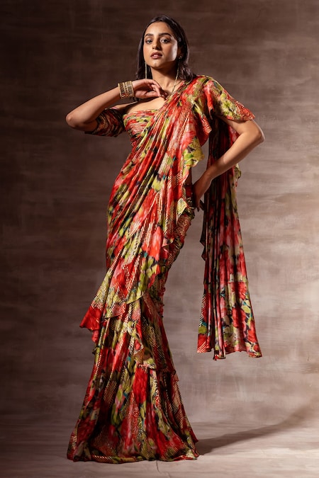 Pure Crush Chinon Fully Stitched saree and Stiched handwork Blouse!! –  Royskart