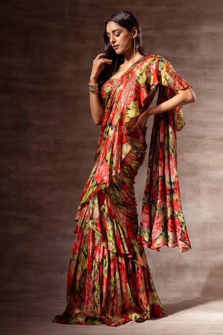 Ruhr India_Red Chiffon, Silk Chinon Digital Print, Ruffle Pre-stitched Saree With Blouse _Online_at_Aza_Fashions