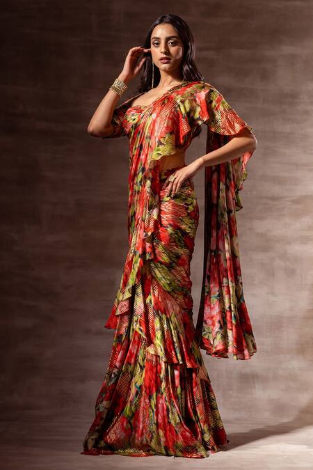 Buy_Ruhr India_Red Chiffon, Silk Chinon Digital Print, Ruffle Pre-stitched Saree With Blouse _Online_at_Aza_Fashions