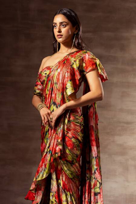 Shop_Ruhr India_Red Chiffon, Silk Chinon Digital Print, Ruffle Pre-stitched Saree With Blouse _Online_at_Aza_Fashions