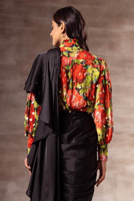 Shop Ruhr India Red Chiffon, Silk Chinon Digital , Foil High Neck Floral Top at Aza Fashions Shop_Ruhr India_Red Chiffon, Silk Chinon Digital , Foil High Neck Floral Top _at_Aza_Fashions