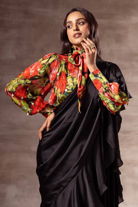 Ruhr India Red Chiffon, Silk Chinon Digital , Foil High Neck Floral Top Online at Aza Fashions Ruhr India_Red Chiffon, Silk Chinon Digital , Foil High Neck Floral Top _Online_at_Aza_Fashions