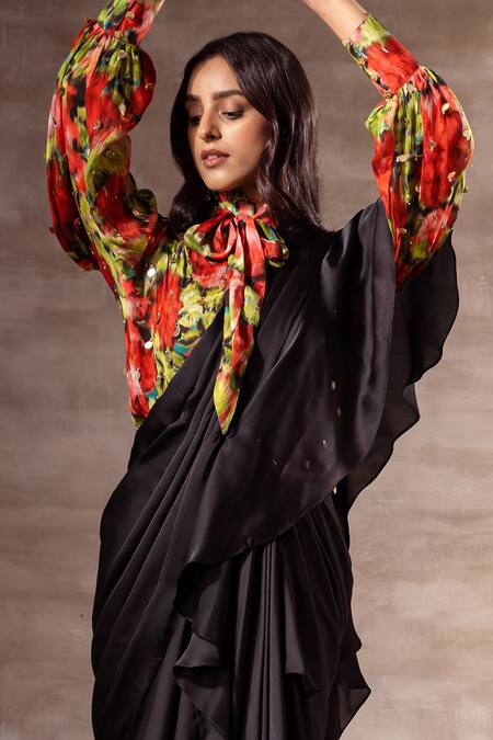 Buy Ruhr India Red Chiffon, Silk Chinon Digital , Foil High Neck Floral Top Online at Aza Fashions Buy_Ruhr India_Red Chiffon, Silk Chinon Digital , Foil High Neck Floral Top _Online_at_Aza_Fashions