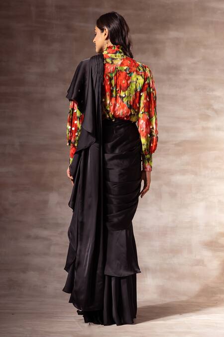 Shop_Ruhr India_Black Silk Organza Plain Ruffle Pre-draped Saree _at_Aza_Fashions