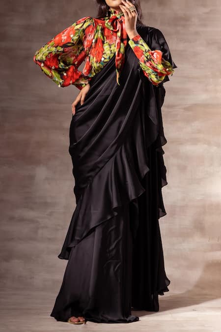 Ruhr India_Black Silk Organza Plain Ruffle Pre-draped Saree _Online_at_Aza_Fashions