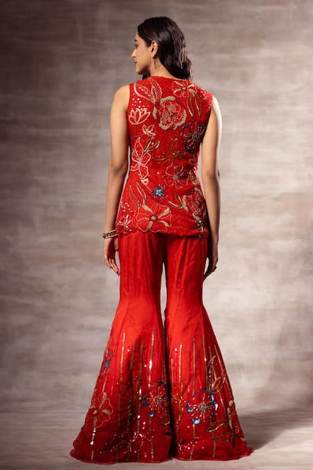 Shop_Ruhr India_Red Silk Organza Bead Work, Sequins Floral Embroidered Jacket And Sharara Set _at_Aza_Fashions