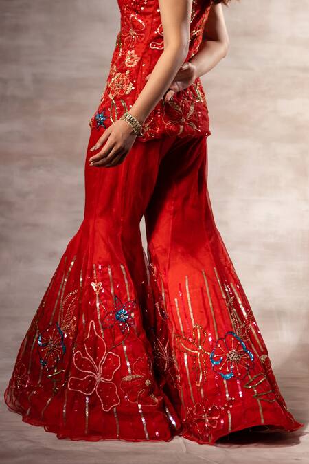 Buy_Ruhr India_Red Silk Organza Bead Work, Sequins Floral Embroidered Jacket And Sharara Set _Online_at_Aza_Fashions
