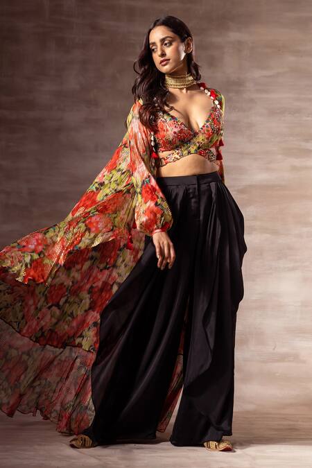 Ruhr India_Red Digital Print, Foil Print, Sequin And Shells Open Floral Jacket _Online_at_Aza_Fashions