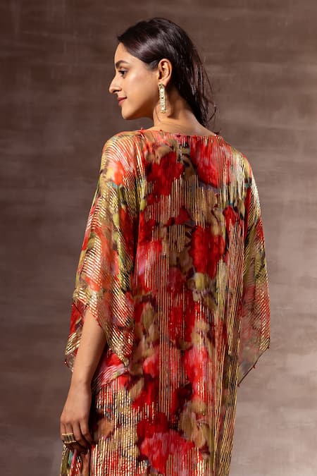 Shop Ruhr India Red Bamberg Chiffon Bead Work, Digital , Foil V Neck Floral Kaftan at Aza Fashions Shop_Ruhr India_Red Bamberg Chiffon Bead Work, Digital , Foil V Neck Floral Kaftan _at_Aza_Fashions