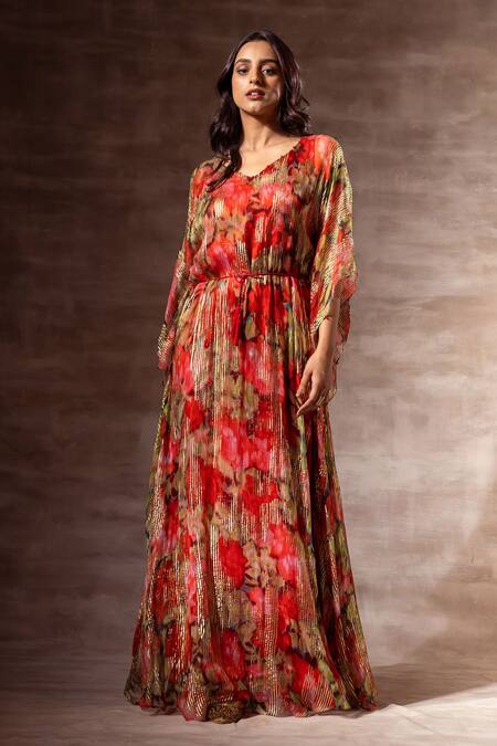 Ruhr India Red Bamberg Chiffon Bead Work, Digital , Foil V Neck Floral Kaftan Online at Aza Fashions Ruhr India_Red Bamberg Chiffon Bead Work, Digital , Foil V Neck Floral Kaftan _Online_at_Aza_Fashions