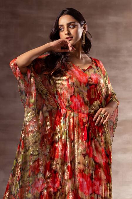 Buy Ruhr India Red Bamberg Chiffon Bead Work, Digital , Foil V Neck Floral Kaftan Online at Aza Fashions Buy_Ruhr India_Red Bamberg Chiffon Bead Work, Digital , Foil V Neck Floral Kaftan _Online_at_Aza_Fashions