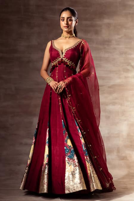 Ruhr India_Maroon Satin, Organza, Mulberry Hand Embroidered Anarkali With Dupatta _Online_at_Aza_Fashions