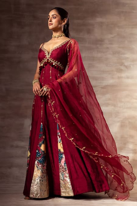 Buy_Ruhr India_Maroon Satin, Organza, Mulberry Hand Embroidered Anarkali With Dupatta _Online_at_Aza_Fashions