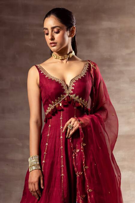 Shop_Ruhr India_Maroon Satin, Organza, Mulberry Hand Embroidered Anarkali With Dupatta _Online_at_Aza_Fashions