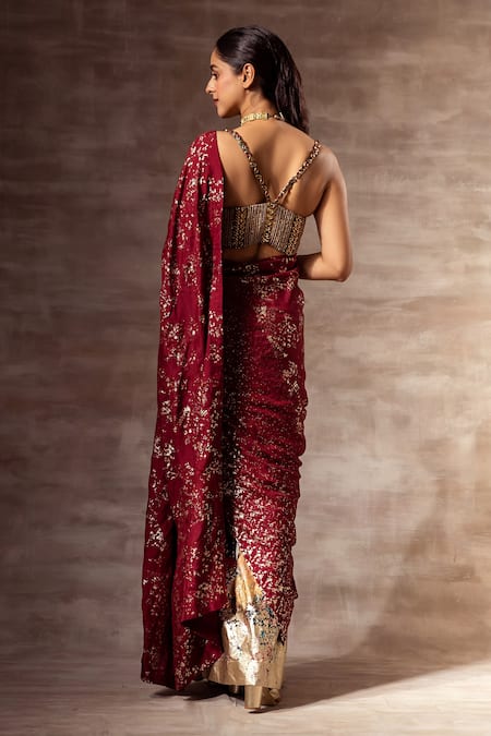 Shop Ruhr India Maroon , Mulberry Silk, Hand Woven Pre-stitched Saree With Blouse at Aza Fashions Shop_Ruhr India_Maroon , Mulberry Silk, Hand Woven Pre-stitched Saree With Blouse _at_Aza_Fashions