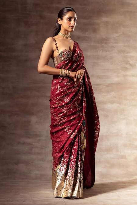 Ruhr India Maroon , Mulberry Silk, Hand Woven Pre-stitched Saree With Blouse Online at Aza Fashions Ruhr India_Maroon , Mulberry Silk, Hand Woven Pre-stitched Saree With Blouse _Online_at_Aza_Fashions