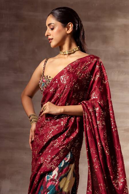 Shop Ruhr India Maroon , Mulberry Silk, Hand Woven Pre-stitched Saree With Blouse Online at Aza Fashions Shop_Ruhr India_Maroon , Mulberry Silk, Hand Woven Pre-stitched Saree With Blouse _Online_at_Aza_Fashions