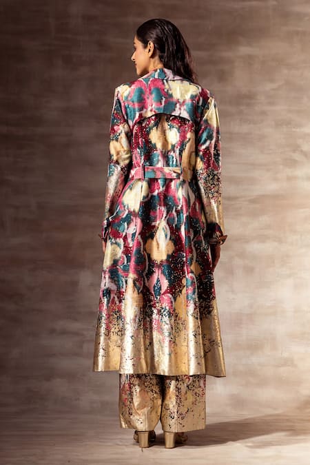 Shop Ruhr India Multi Color Matka Raw Silk Digital Print, Foil Ikat Trench Coat With Belt at Aza Fashions Shop_Ruhr India_Multi Color Matka Raw Silk Digital Print, Foil Ikat Trench Coat With Belt _at_Aza_Fashions