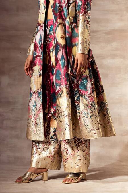 Buy Ruhr India Multi Color Matka Raw Silk Digital Print, Foil Ikat Trench Coat With Belt Online at Aza Fashions Buy_Ruhr India_Multi Color Matka Raw Silk Digital Print, Foil Ikat Trench Coat With Belt _Online_at_Aza_Fashions