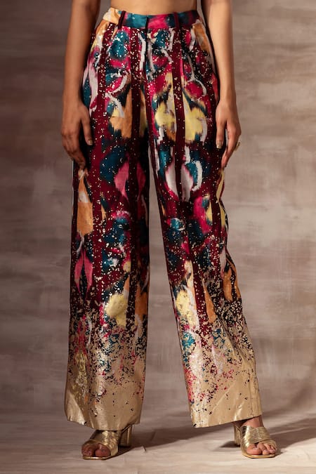 Shop Ruhr India Multi Color Dupion Foil , Ikat Raw Silk Pant at Aza Fashions Shop_Ruhr India_Multi Color Dupion Foil , Ikat Raw Silk Pant _at_Aza_Fashions