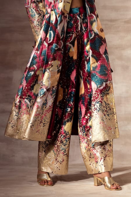 Ruhr India Multi Color Dupion Foil , Ikat Raw Silk Pant Online at Aza Fashions Ruhr India_Multi Color Dupion Foil , Ikat Raw Silk Pant _Online_at_Aza_Fashions