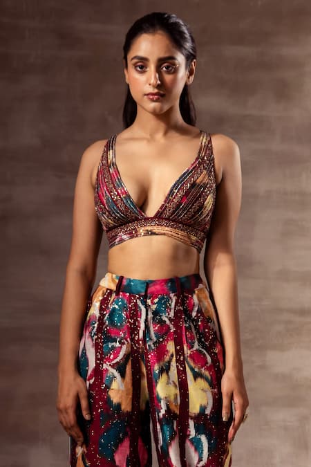 Buy Multi Color Dupion Hand Embroidered Bead Work V Ikat Raw Silk Bralette  For Women by Ruhr India Online at Aza Fashions.