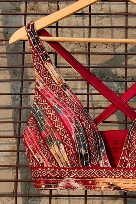 Ruhr India Multi Color Dupion Bead Work, Digital Print V Neck Ikat Raw Silk Bralette Online at Aza Fashions Ruhr India_Multi Color Dupion Bead Work, Digital Print V Neck Ikat Raw Silk Bralette _Online_at_Aza_Fashions