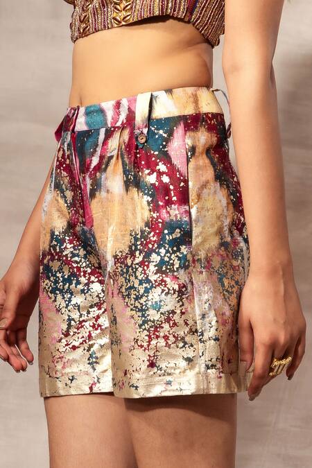 Ruhr India_Multi Color Matka Raw Silk Foil , Ikat Shorts _Online_at_Aza_Fashions