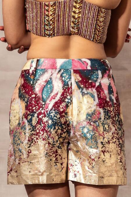 Buy_Ruhr India_Multi Color Matka Raw Silk Foil , Ikat Shorts _Online_at_Aza_Fashions
