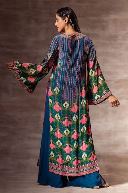 Shop Ruhr India Blue Crepe Glass Beads, Sequins, Lotus Print Round Notched Kurta at Aza Fashions Shop_Ruhr India_Blue Crepe Glass Beads, Sequins, Lotus Print Round Notched Kurta _at_Aza_Fashions