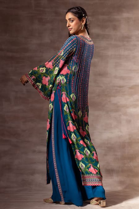 Ruhr India Blue Crepe Glass Beads, Sequins, Lotus Print Round Notched Kurta Online at Aza Fashions Ruhr India_Blue Crepe Glass Beads, Sequins, Lotus Print Round Notched Kurta _Online_at_Aza_Fashions