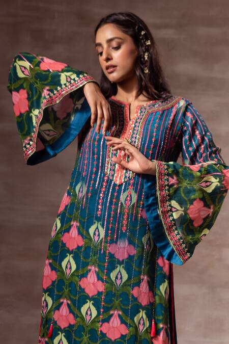 Buy Ruhr India Blue Crepe Glass Beads, Sequins, Lotus Print Round Notched Kurta Online at Aza Fashions Buy_Ruhr India_Blue Crepe Glass Beads, Sequins, Lotus Print Round Notched Kurta _Online_at_Aza_Fashions