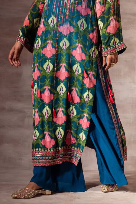 Shop Ruhr India Blue Crepe Glass Beads, Sequins, Lotus Print Round Notched Kurta Online at Aza Fashions Shop_Ruhr India_Blue Crepe Glass Beads, Sequins, Lotus Print Round Notched Kurta _Online_at_Aza_Fashions