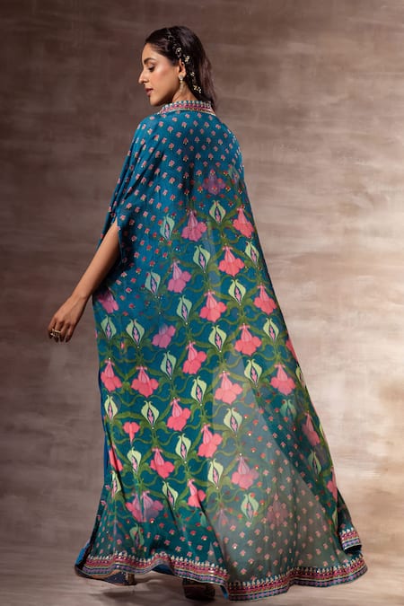 Shop Ruhr India Blue Chiffon, Muslin, Cotton Silk Thread Work, Lotus Print Mandarin Collar Cape at Aza Fashions Shop_Ruhr India_Blue Chiffon, Muslin, Cotton Silk Thread Work, Lotus Print Mandarin Collar Cape _at_Aza_Fashions