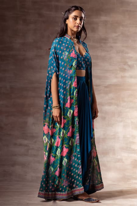 Ruhr India Blue Chiffon, Muslin, Cotton Silk Thread Work, Lotus Print Mandarin Collar Cape Online at Aza Fashions Ruhr India_Blue Chiffon, Muslin, Cotton Silk Thread Work, Lotus Print Mandarin Collar Cape _Online_at_Aza_Fashions