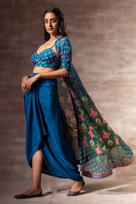 Buy Ruhr India Blue Chiffon, Muslin, Cotton Silk Thread Work, Lotus Print Mandarin Collar Cape Online at Aza Fashions Buy_Ruhr India_Blue Chiffon, Muslin, Cotton Silk Thread Work, Lotus Print Mandarin Collar Cape _Online_at_Aza_Fashions