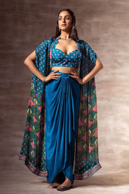 Ruhr India Blue Chiffon Hand Embroidered Floral Print Crop Top And Draped Skirt Set 