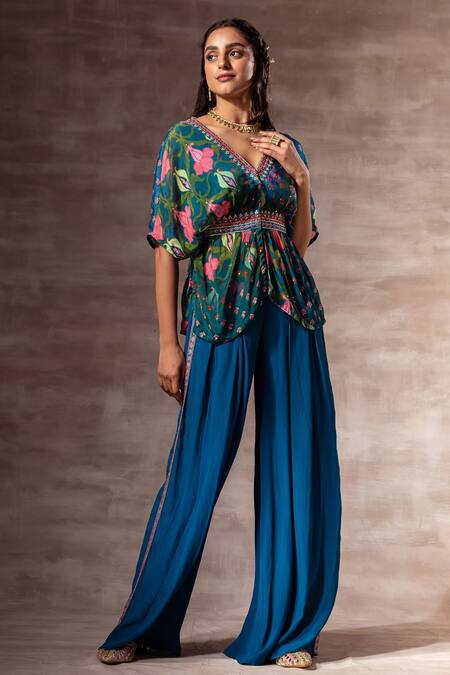 Ruhr India_Blue Chiffon, Cotton Silk Muslin Glass Beads, Sequins, Lotus Print Kaftan Top _Online_at_Aza_Fashions