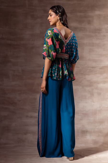Shop_Ruhr India_Blue Chiffon, Cotton Silk Muslin Glass Beads, Sequins, Lotus Print Kaftan Top _at_Aza_Fashions