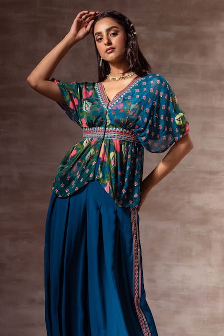 Ruhr India Blue Chiffon Hand Embroidered Glass Beads Round Lotus Print Kaftan Top  