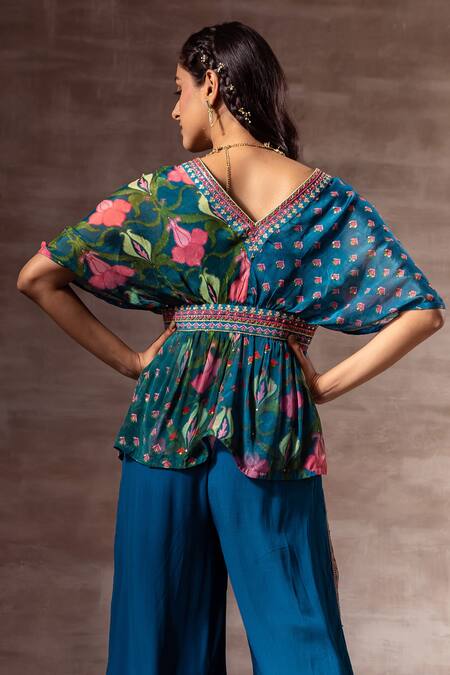 Buy_Ruhr India_Blue Chiffon, Cotton Silk Muslin Glass Beads, Sequins, Lotus Print Kaftan Top _Online_at_Aza_Fashions