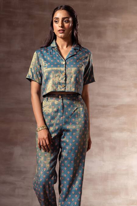 Ruhr India_Blue Chanderi, Cotton Silk Muslin Digital Print Lapel Metallic Cropped Shirt_Online_at_Aza_Fashions