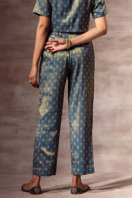 Buy_Ruhr India_Blue Chanderi, Cotton Silk Muslin Floral Print Metallic Trouser_Online_at_Aza_Fashions