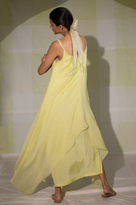 Shop Deep Thee Yellow Chanderi Moti Work, Round Asymmetric Slip Dress at Aza Fashions Shop_Deep Thee_Yellow Chanderi Moti Work, Round Asymmetric Slip Dress _at_Aza_Fashions