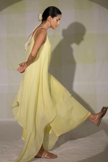 Deep Thee Yellow Chanderi Moti Work, Round Asymmetric Slip Dress Online at Aza Fashions Deep Thee_Yellow Chanderi Moti Work, Round Asymmetric Slip Dress _Online_at_Aza_Fashions