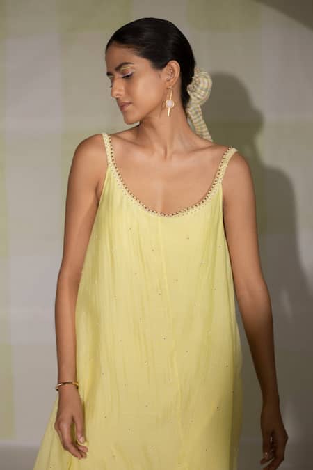 Buy Deep Thee Yellow Chanderi Moti Work, Round Asymmetric Slip Dress Online at Aza Fashions Buy_Deep Thee_Yellow Chanderi Moti Work, Round Asymmetric Slip Dress _Online_at_Aza_Fashions