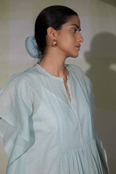 Buy_Deep Thee_Blue Hand Woven Striped Notched Kaftan Dress_Online_at_Aza_Fashions