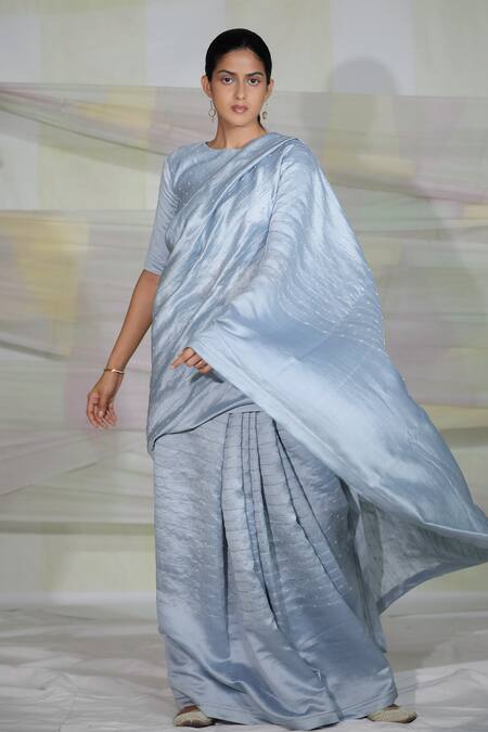 Deep Thee_Blue Silk Boti Work, Round Hand Embroidered Saree With Blouse _Online_at_Aza_Fashions